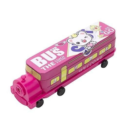 DealFry Triple Layer Cartoon Printed Train Shape Pencil Box with Moving Tyres & Built-in Pencil Sharpener (Pink) - HalfPe