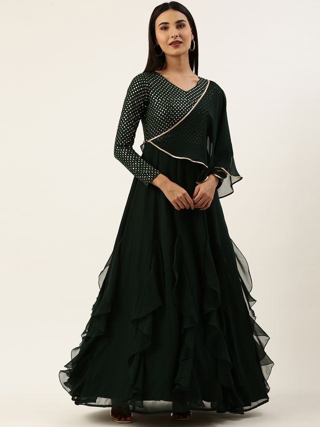 Bollywood Vogue Ready To Wear Green Embroidered Georgette Kali Flared Gown