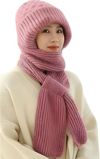 2-in-1 Woolen Winter Cap with Attached Muffler for Women & Girls Stylish Knitted Beanie Scarf Combo Multicolour