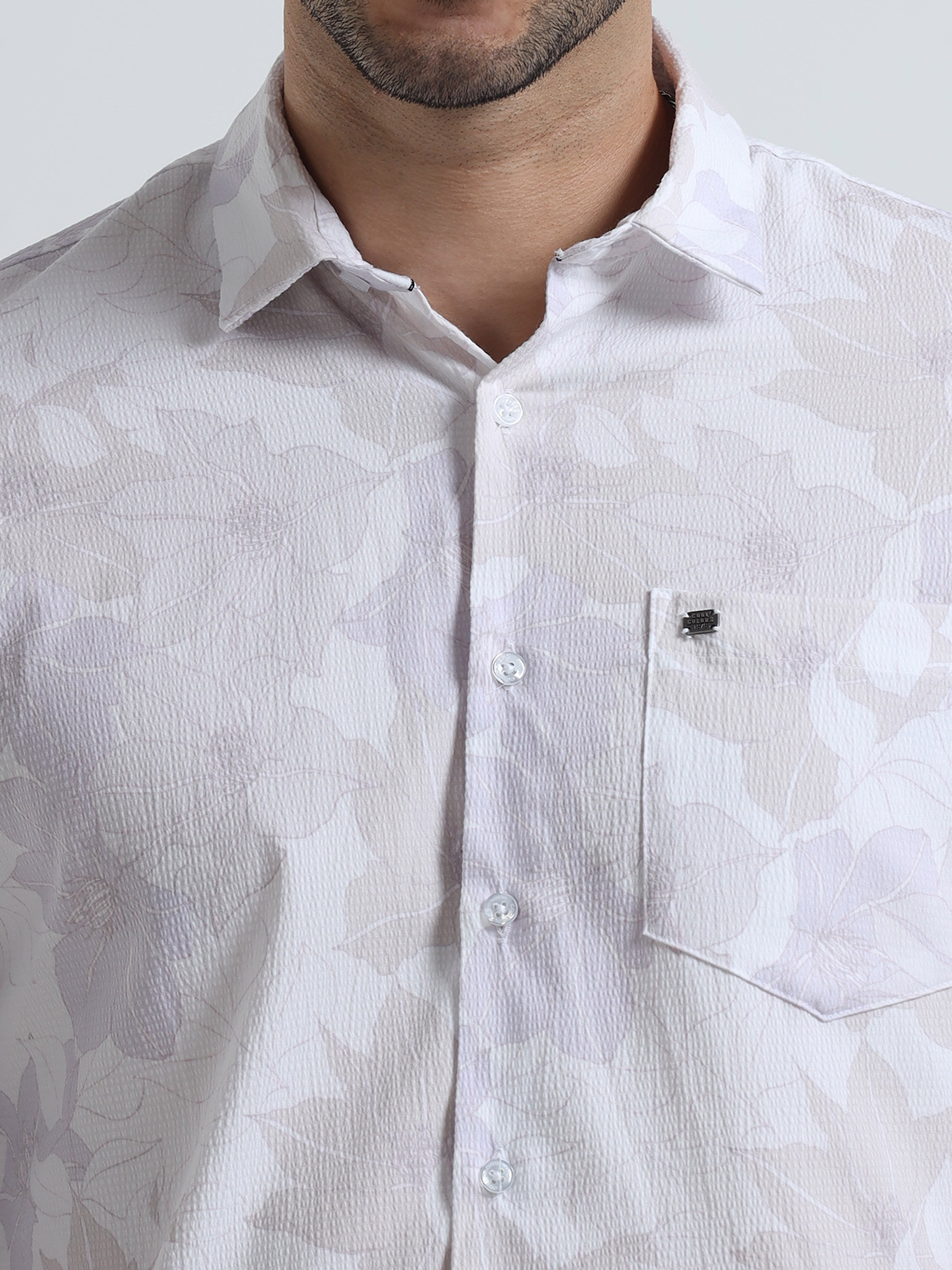 Men's Light Cream Slim Fit Printed Popcorn Full Sleeve Casual Shirt