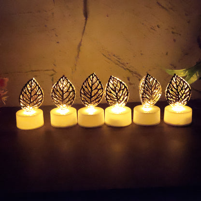 Set of 12 Decorative Golden Leaf Shaped Flameless LED Candles – Flickering Light for Home Décor(12 Pc)