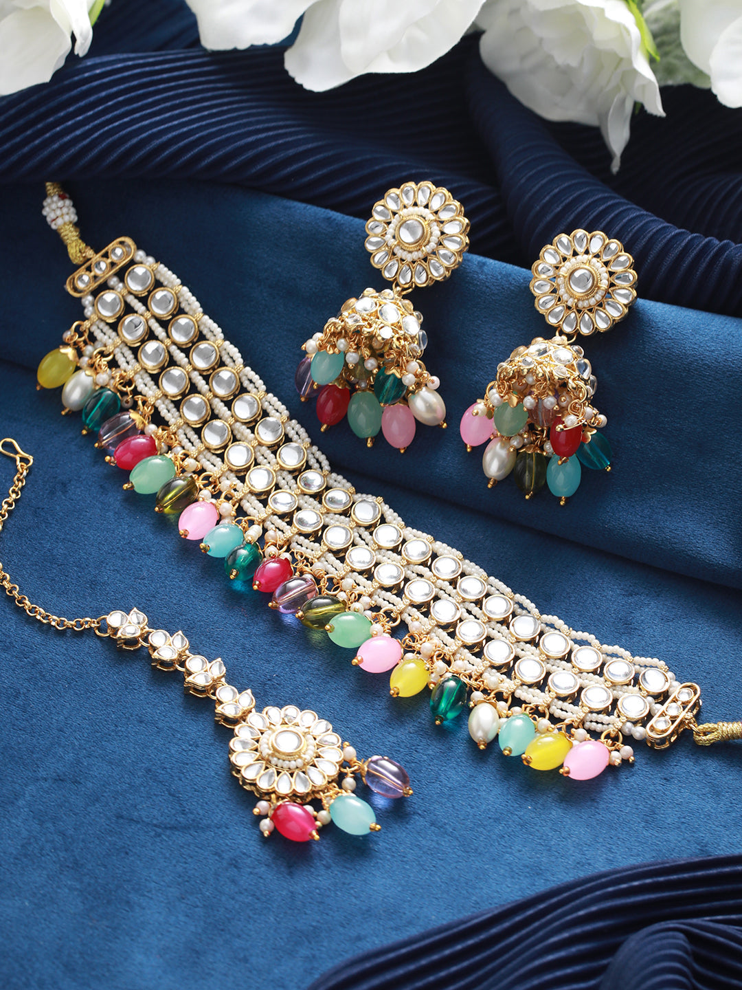 Gold-Plated Multicolored Kundan Studded & Pearl Beaded Choker Jewellery Set With Maangtikka