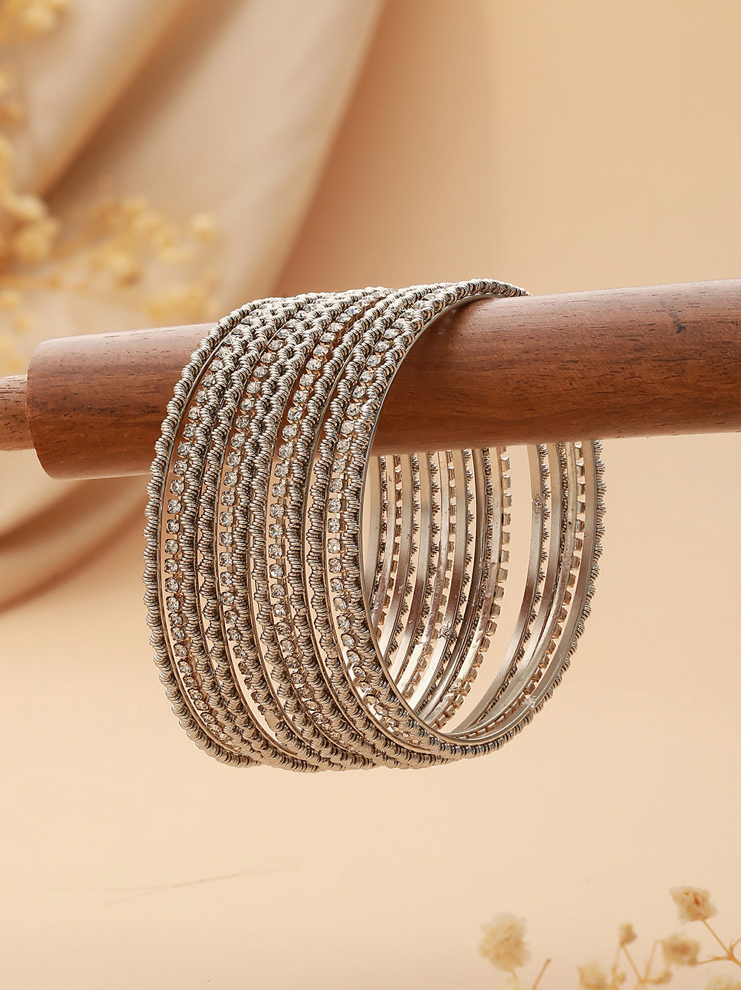 Set Of 12 Cz Studded & Oxidised Silver Bangles