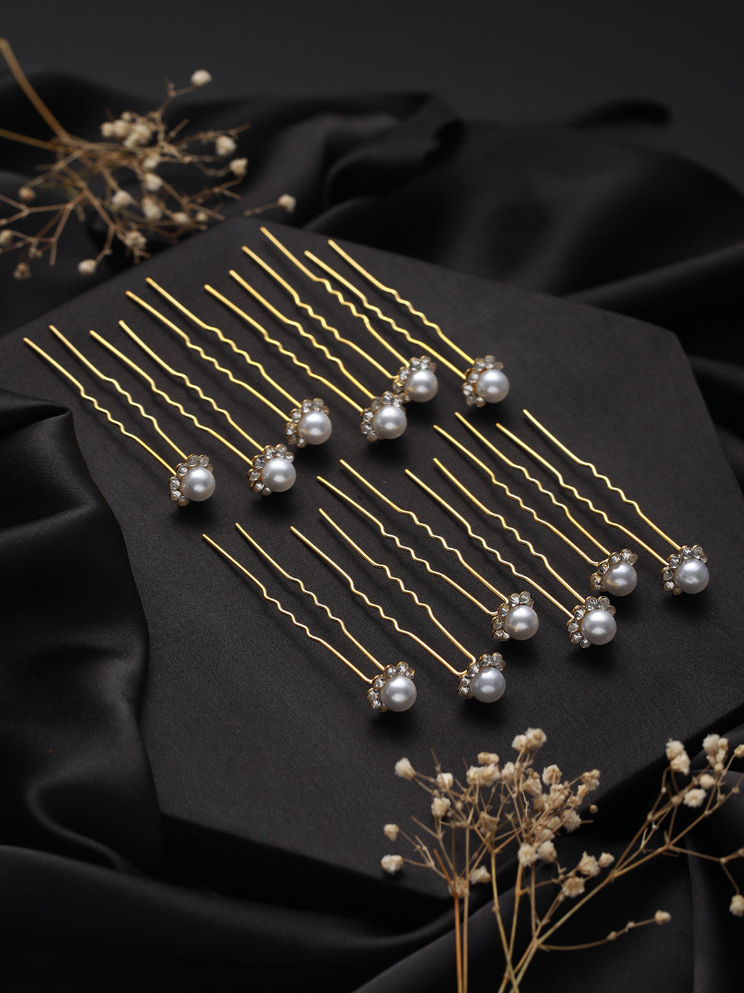 Women Set Of 12 Gold Plated & White Pearl Beaded U Pins