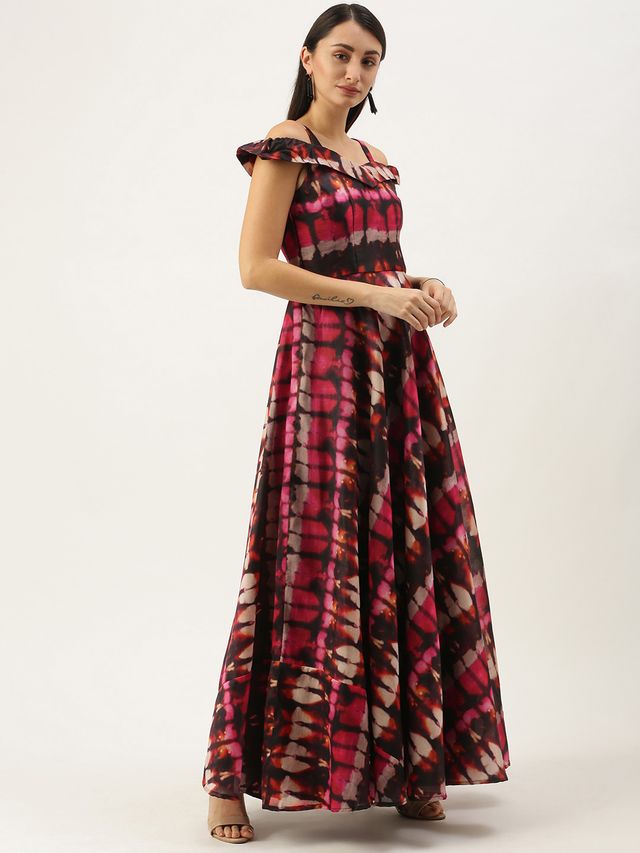 Bollywood Vogue Ready To Wear Multicolored Printed Off Shoulder Style Dress
