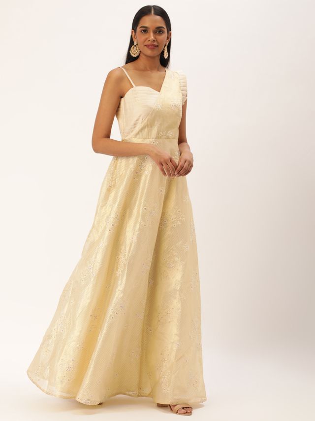 Bollywood Vogue Ready To Wear Cream Art Silk Embroidered Gown