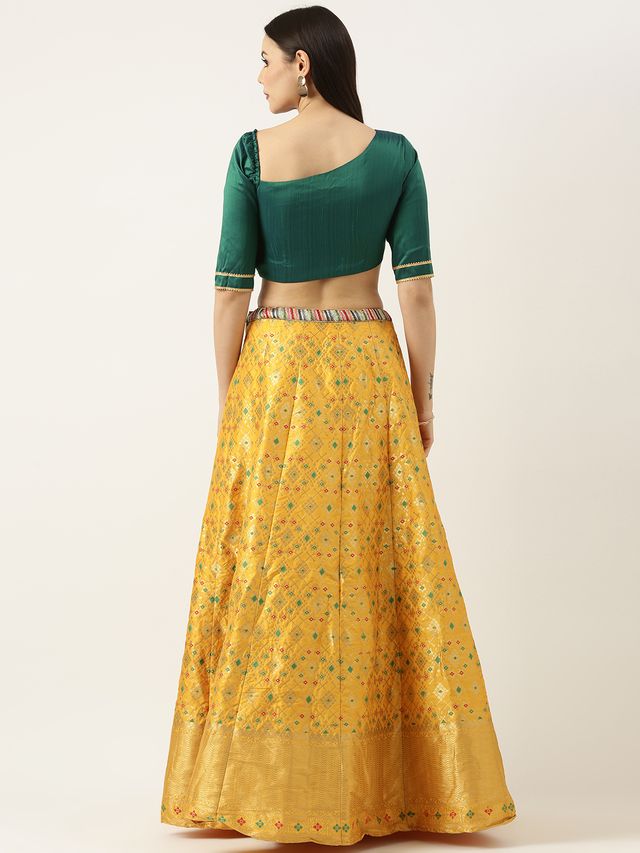 Bollywood Vogue Ready To Wear Green N Yellow Jacquard Skirt Set