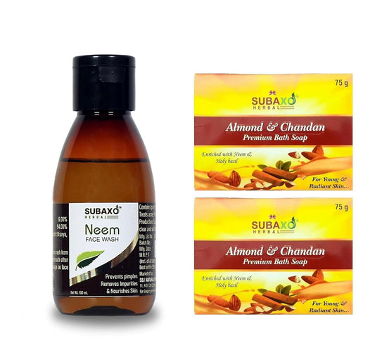 Subaxo Almond & Chandan Beauty Bath Soap (75 g Each, Pack Of 2) & Neem Herbal Face Wash (100ml,Combo) - HalfPe