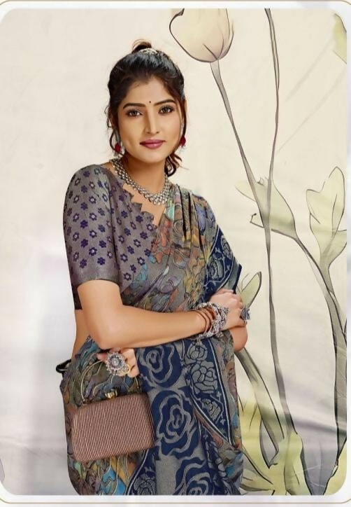 Graceful Floral Printed Synthetic Brasso Saree with Contrast Designer Border Kalyani silks and sarees