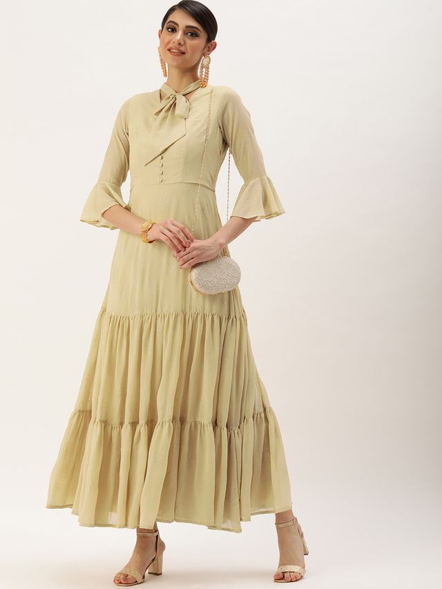 Bollywood Vogue Ready To Wear Beige Georgette Foil Printed Maxi Dress