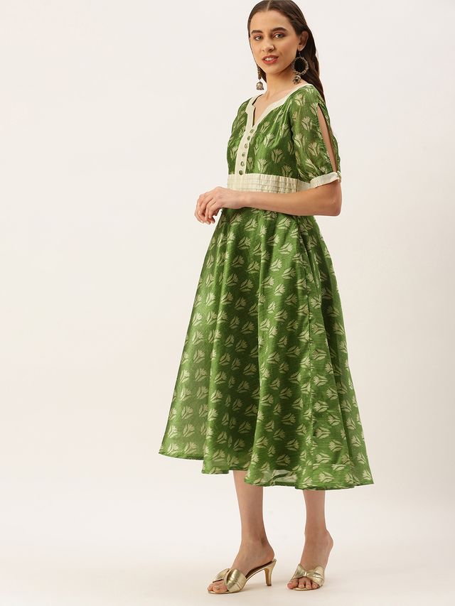 Bollywood Vogue Ready To Wear Green Art Silk Digital Printed Dress