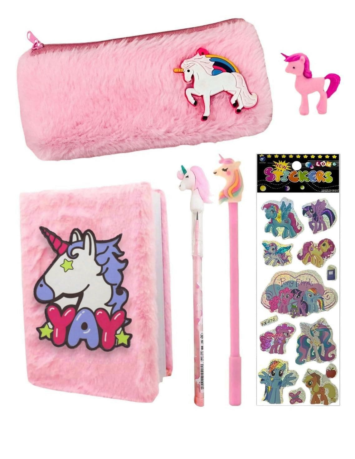 Unicorn Fur Pouch , Pen , Pencil , Eraser & Stickers - HalfPe