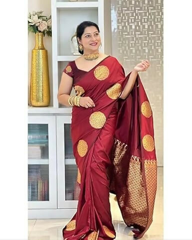 AXONIT Traditional Banarasi Silk Saree with Golden Zari Border & Pallu