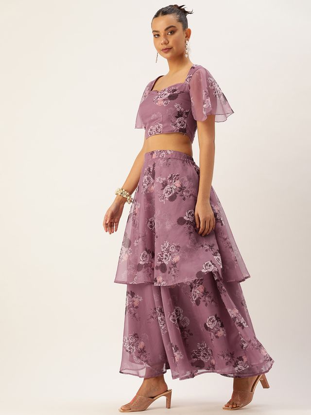 Bollywood Vogue Ready To Wear Mauve Organza Digital Printed Co ords Set