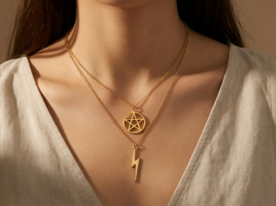 Modern Gold-Tone Necklace Set with Lightning Bolt & Star Circle Pendant (Set of 2)