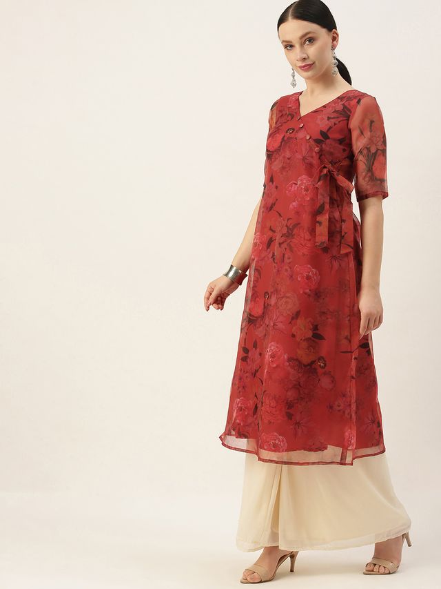 Bollywood Vogue Ready To Wear Red N Off White Printed Palazzo Set