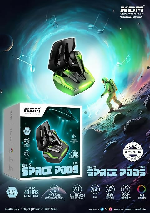 KDM Z2 SpacePods True Wireless Gaming Earbuds – Bluetooth 5.4, Up to 40 Hours Playtime, ENC, Low Latency, Type-C Fast Charging – Black