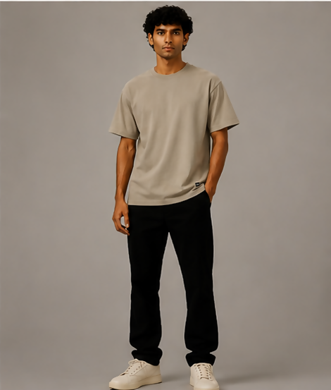HUSTLE Men's Crew Neck Relaxed Fit T-Shirt – Dusky Cream(relax fit)