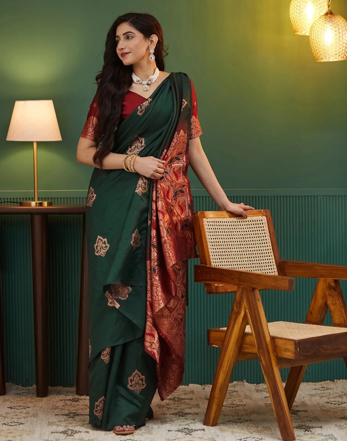 AXONIT Royal Emerald Premium Soft Silk Saree with Intricate Golden Zari Weaving and Rich Mustard-Gold Pallu