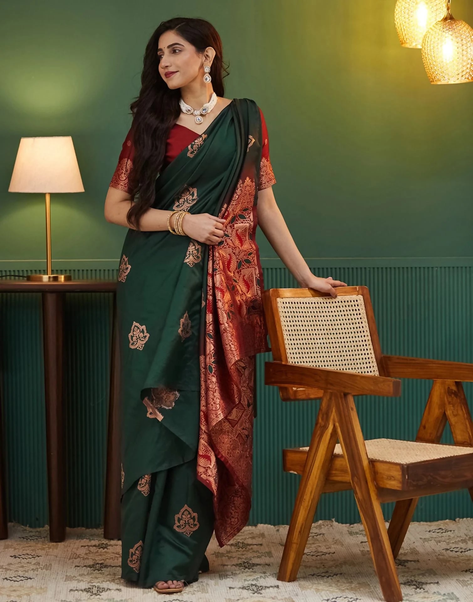 AXONIT Royal Emerald Premium Soft Silk Saree with Intricate Golden Zari Weaving and Rich Mustard-Gold Pallu