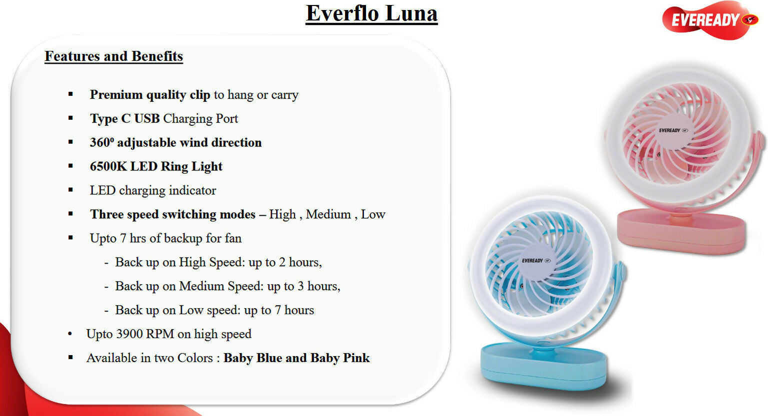 Eveready Everflo Luna Rechargeable Table Fan with LED Ring Light – Up to 7 Hours Backup HalfPe - FW -TPT