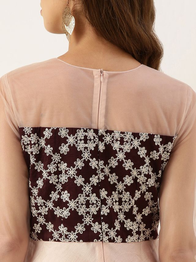 Bollywood Vogue Ready To Wear Peach N Dark Wine Muslin Sequins Embroidered Gown