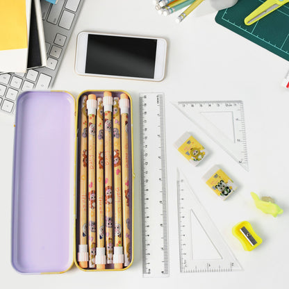 Complete Stationery Geometry Box Set with Pencils, Erasers, Sharpener, Scale, Geometrical Instruments, and Cartoon Printed Metal Pencil Box(1 Set)