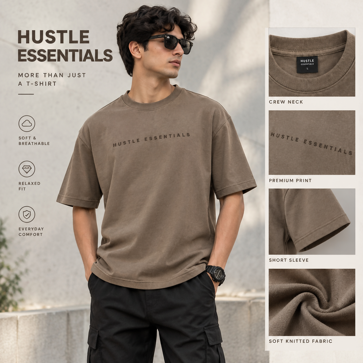 Men’s Relaxed Fit Hustle Essentials Printed Crew Neck T-Shirt – Brown