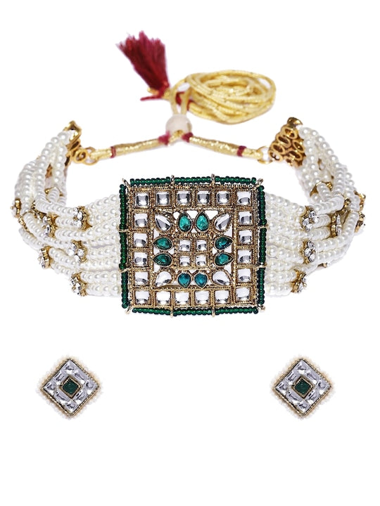Women Gold-Plated Pearl Beaded Artificial Stone-Studded Jewellery Set