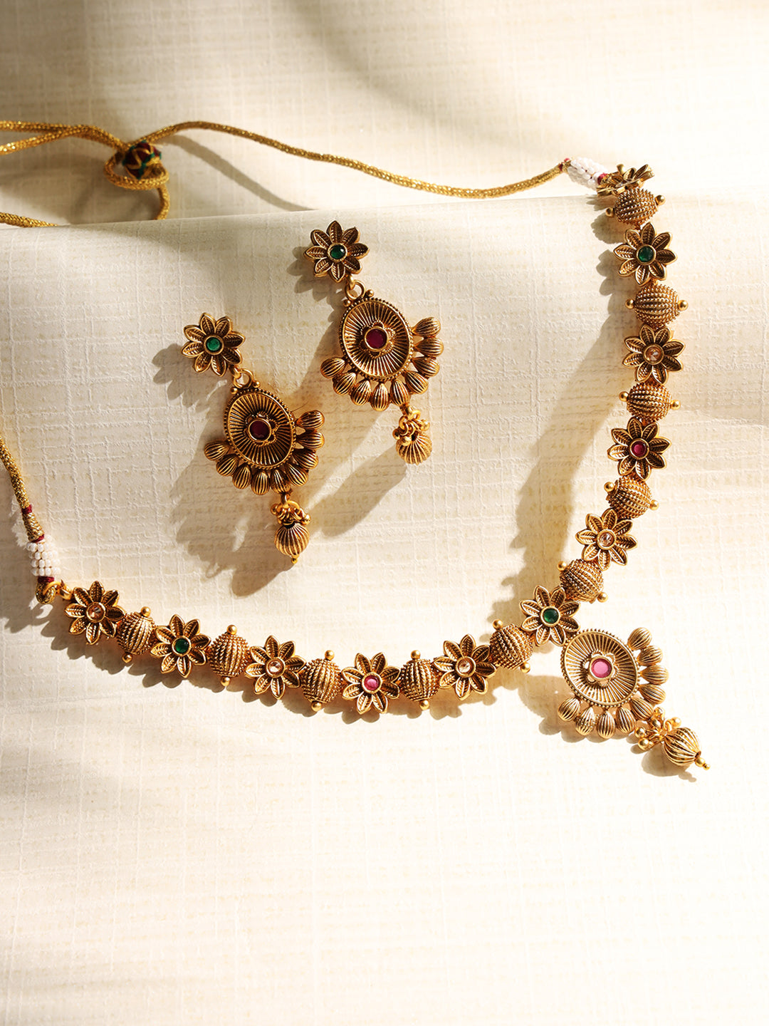 Red & Green Gold-Plated Stone-Studded Handcrafted Jewellery Set