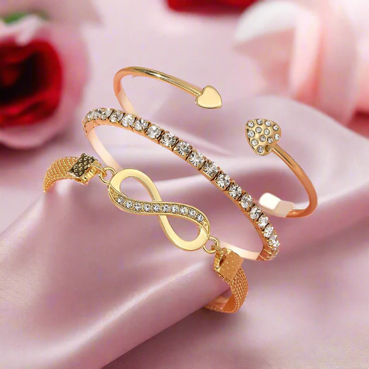 Infinity & Heart Shaped Stacking Bracelet, Gold Plated Heart Shaped Pendent Chain and Sterling heart-shaped zircon pendant necklace Combo