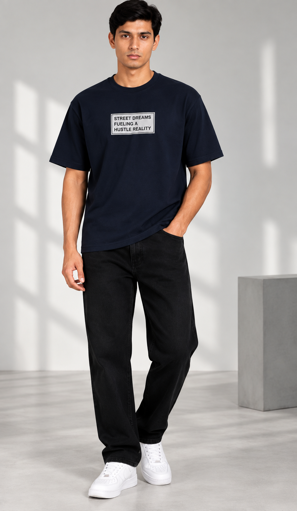 HUSTLE Men's Crew Neck Oversized T-Shirt – Navy Blue