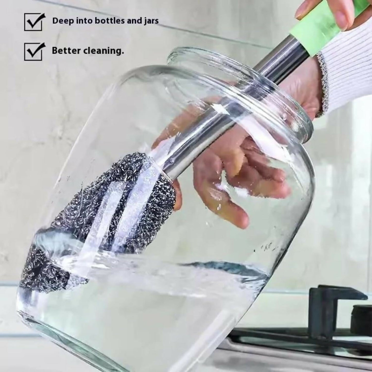 Long Handle Stainless Steel Bottle Cleaning Brush with Non-Slip Grip