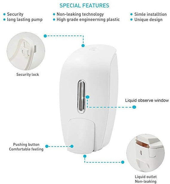 PLAZA - Stylish Push Type Liquid Soap, Lotion & Hand Sanitizer Dispenser Surface Mounted 1000 ml Capacity (White)