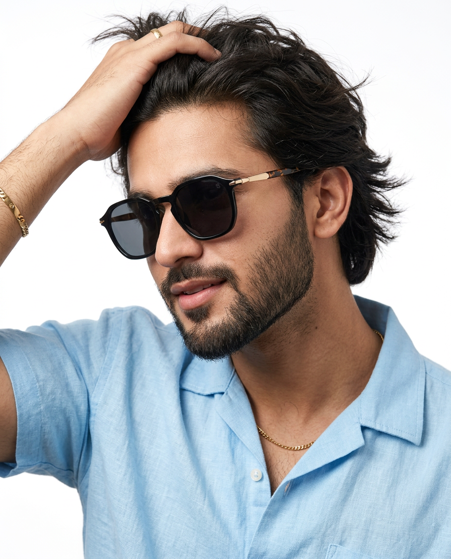 Eyejack Black Square Sunglasses for Men and Women - Style 1085 - worn by a male model (image 1)