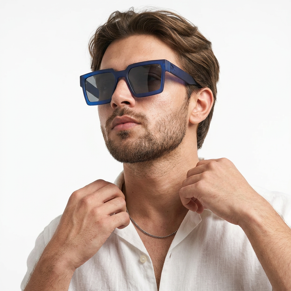 Eyejack Blue Square Sunglasses for Men and Women - Style 1030 - worn by a male model (image 1)