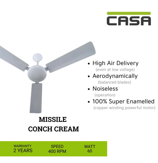 Casa Missile Matt Finished Celling Fan, 3 Blade,900mm,1200mm, 390 RPM CASA Home Appliances