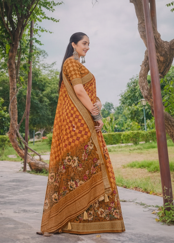 Elegant Linen Cotton Saree with Geometric Checks & Floral Pallu Design Kalyani silks and sarees