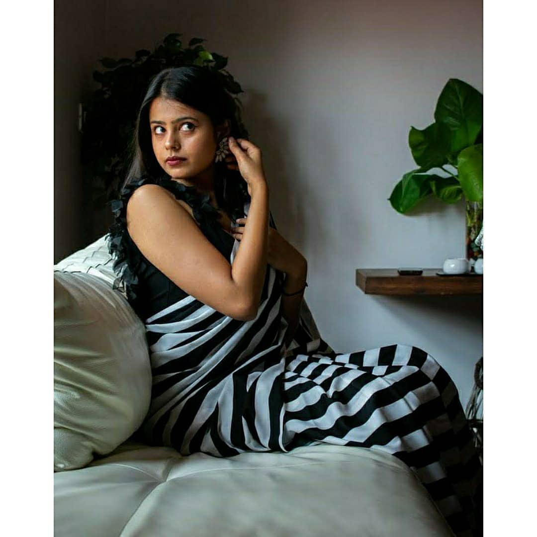 Black and White Lining Designs of Japan Satin Saree