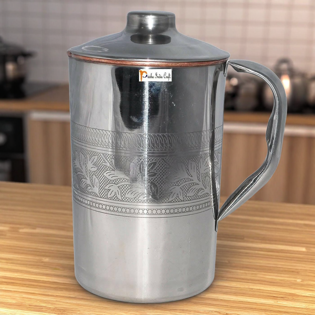 Prisha India Craft Steel Copper Jug Pitcher, Embossed Design, Capacity 1600 ML