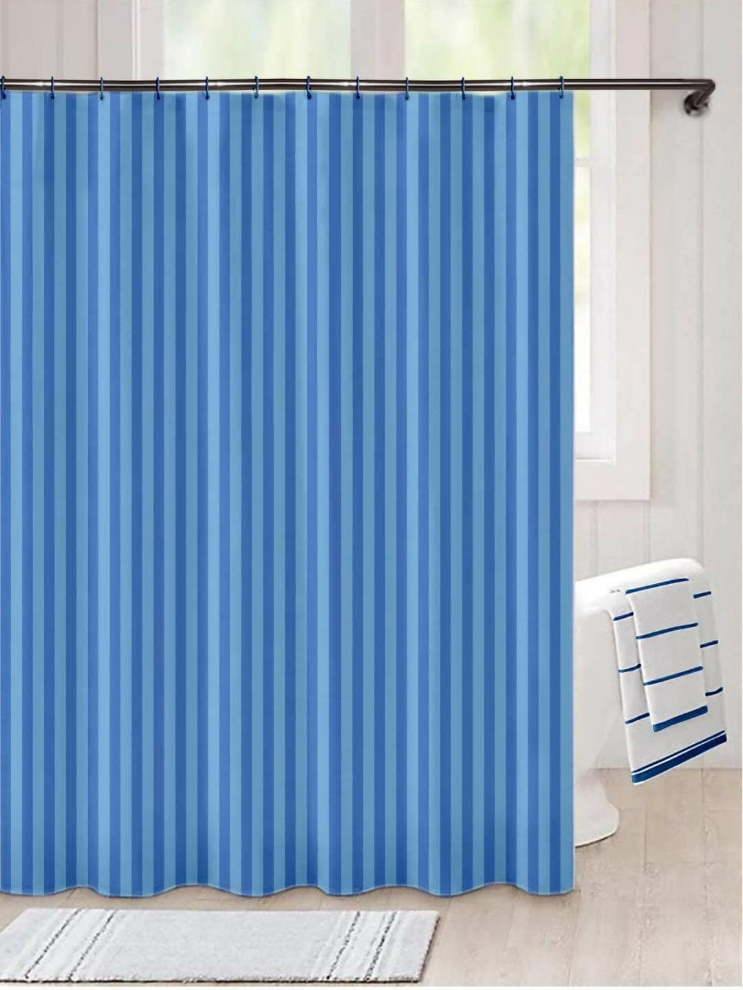 Lushomes Shower Curtain, Striped Green Satin Stripe, Polyester Waterproof 6x6.5 ft with Hooks (Blue) - HalfPe