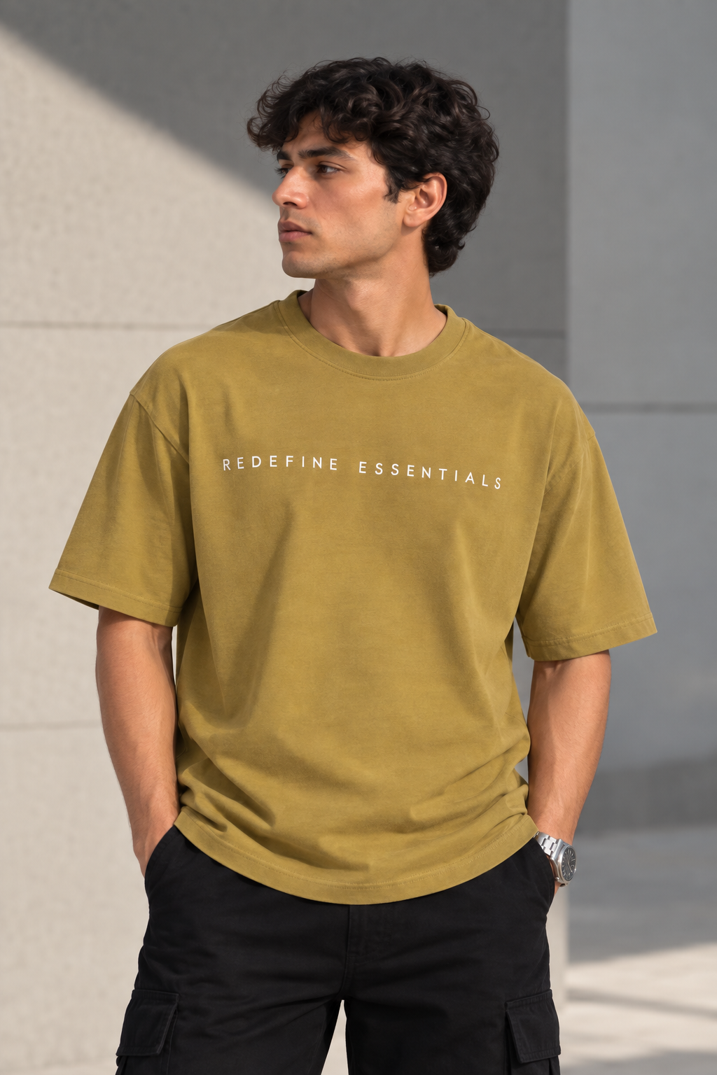 HUSTLE Essentials Men's Crew Neck Oversized Tees - Golden Olive
