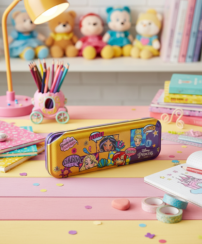 HMI Disney & Marvel Jumbo Metal Pencil Box with Oil Matte Infusion Finish, in Princess, Belle Princess, Avengers & Spider Man Characters, 2 levels (Princess)