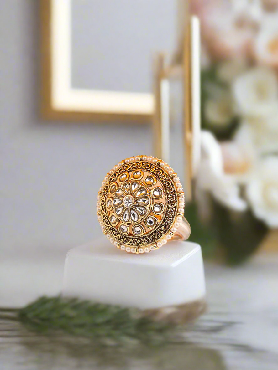 Gold-Plated & White Stone Studded Floral Shape Adjustable Finger Ring