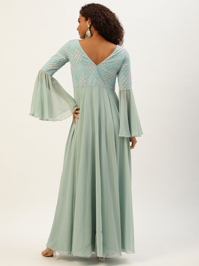Bollywood Vogue Ready To Wear Multicolored Bell Sleeves Embroidered Gown