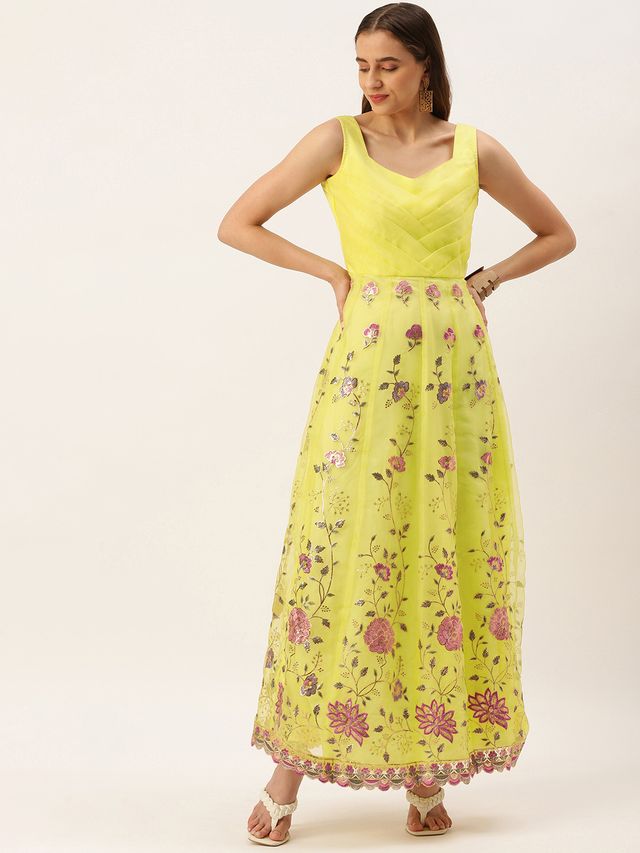 Bollywood Vogue Ready To Wear Yellow Organza Embroidered Gown