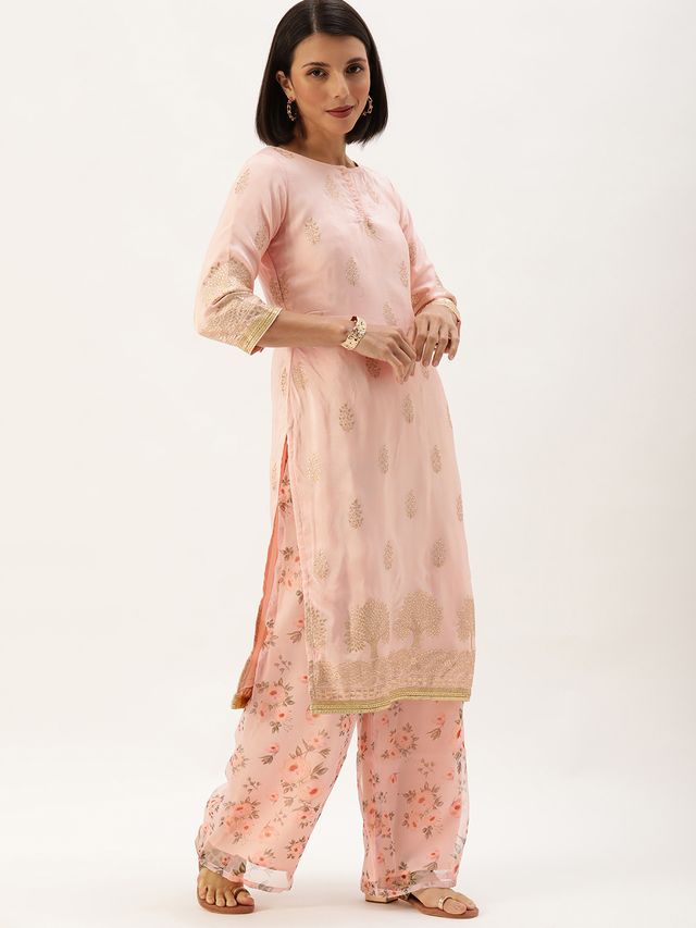 Bollywood Vogue Ready To Wear Pink Jacquard Kurti With Printed Pant N Dupatta