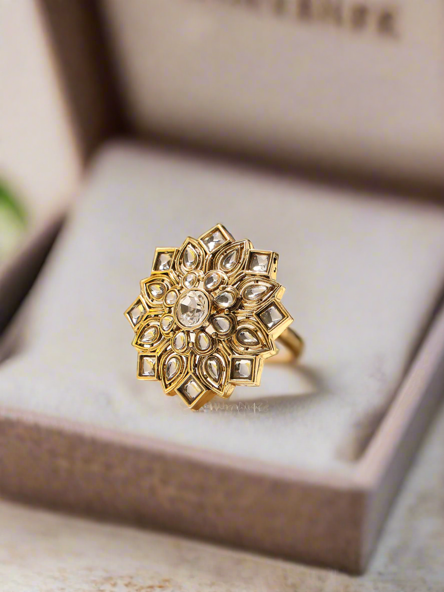 Gold-Plated White Kundan-Studded Adjustable Traditional Finger Ring