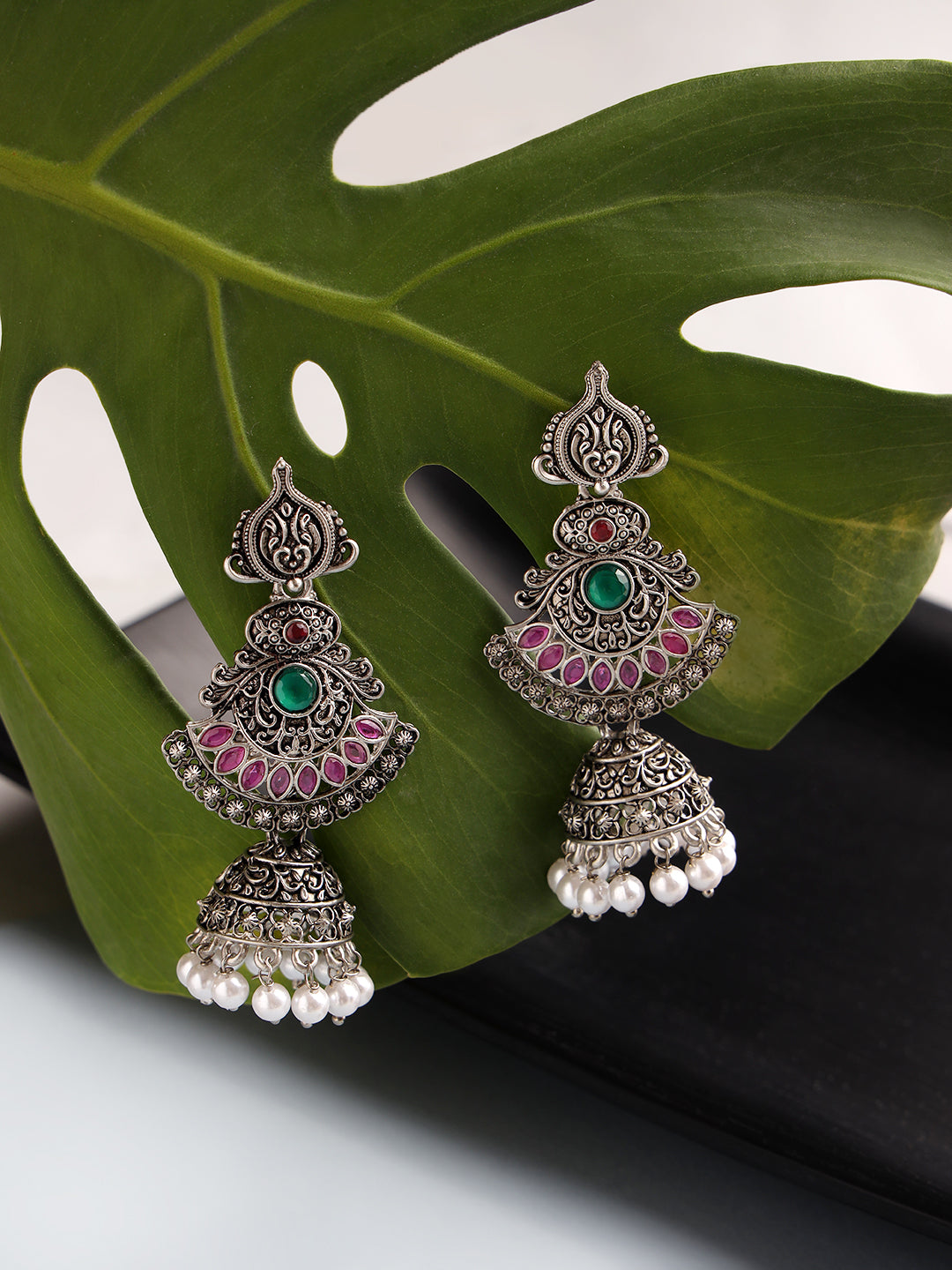 Pink Oxidized Silver-Plated Dome Shaped Jhumkas