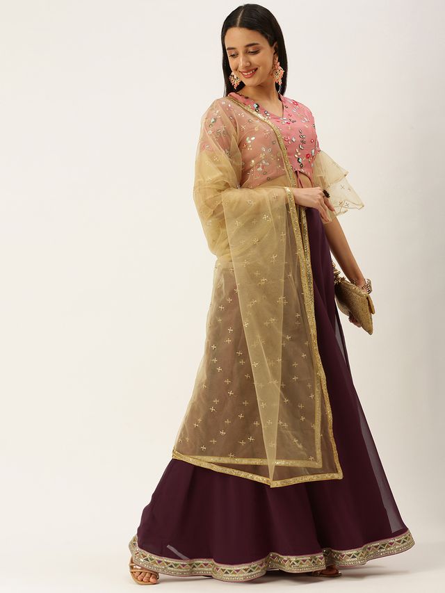 Bollywood Vogue Ready To Wear Wine Viscose Embroidered Pink Lehenga